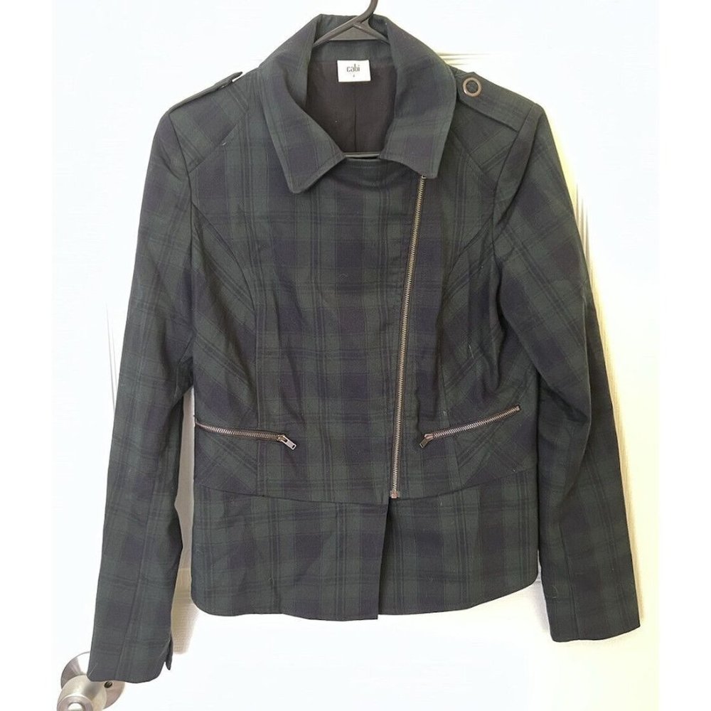 Cabi Tartan Plaid Moto Jacket Size 2 Women’s Blazer Asymmetrical Green Navy Blue
